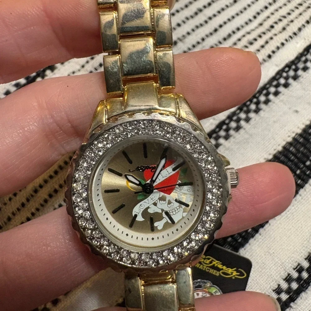 Ed Hardy Y2K Watch Love Kills Slowly Gold Rhinestone NWT‎ Deadstock